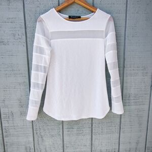 Weekend by Frank Lyman Sheer Mesh Panel Long Sleeve Top sz S White Fem Modern